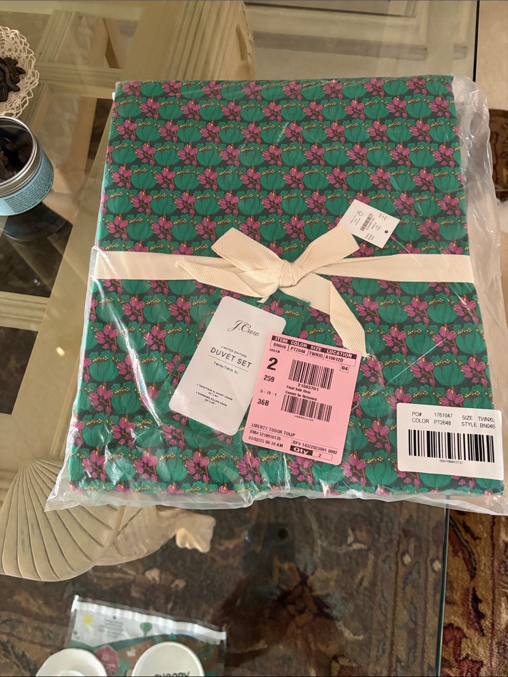 J. Crew Green Floral Duvet Set with Pink Blossoms